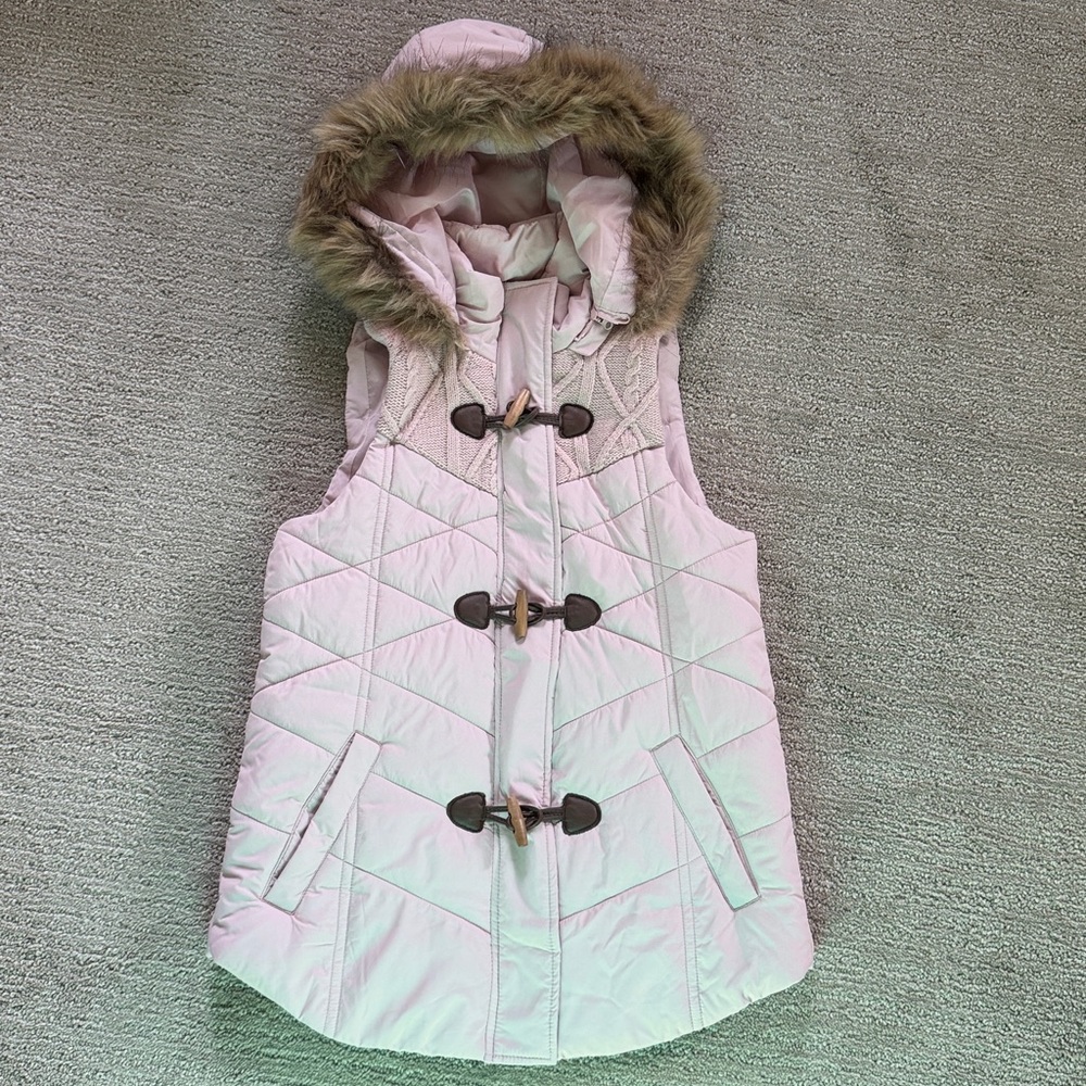 Maurices Light Pink Hooded Vest with Faux Fur Trim